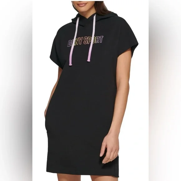 Dkny Women's Ombre Logo Short Sleeve Sneaker Dress in Black Size Large